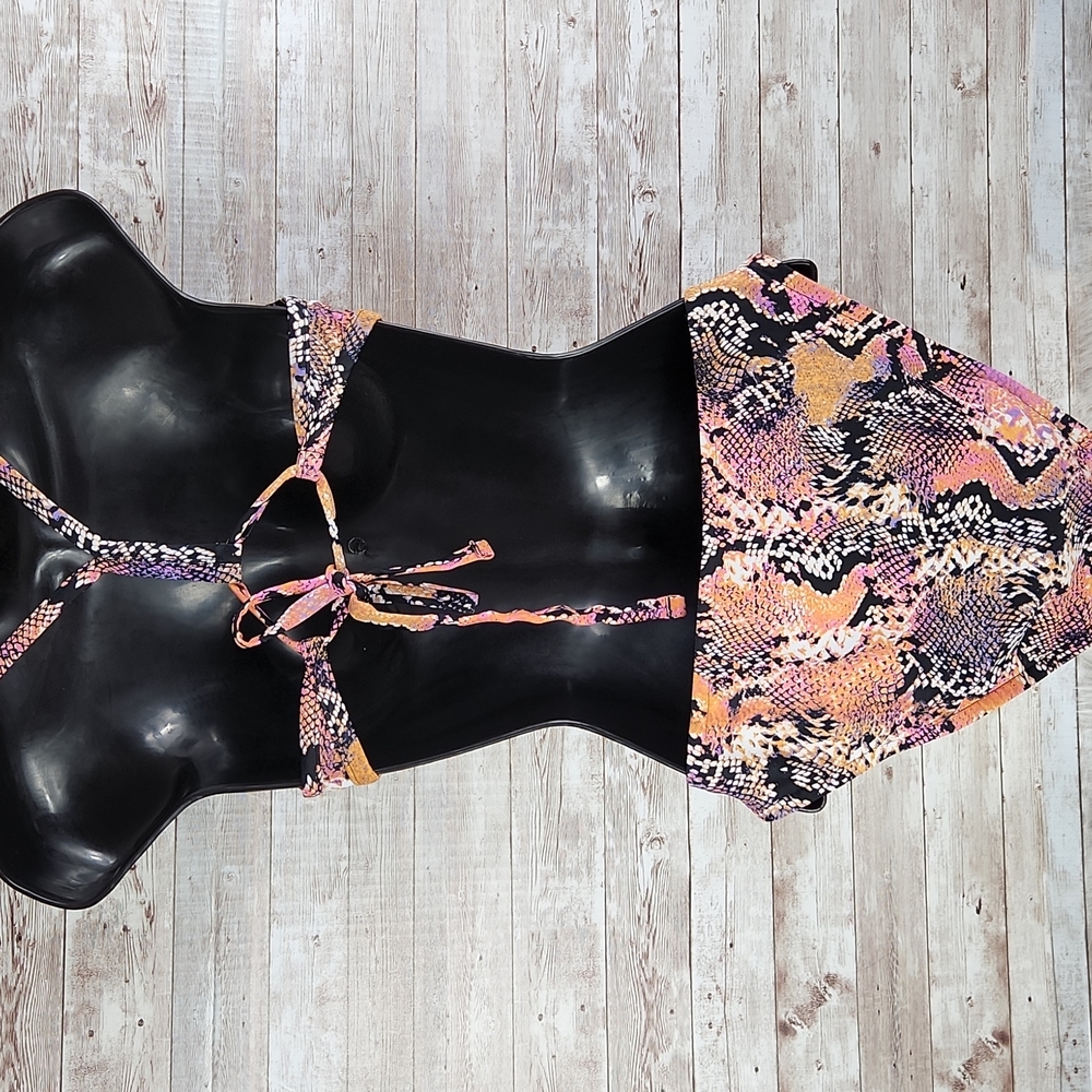 Shade & Shore, 2 pc Swimsuit Bikini,  coral, black, yellow Reptile print, Sz M/L - Picture 5 of 11